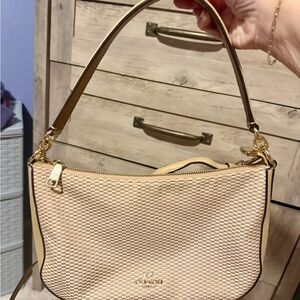 Coach Chelsea Legacy Tan Woven Shoulder Bag with Gold Accents.